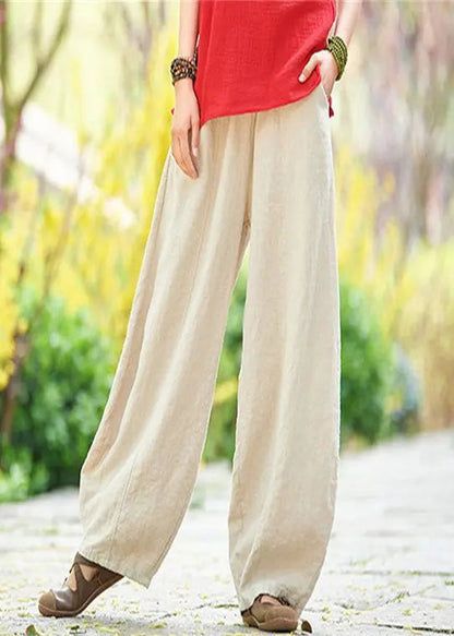 Loose Apricot Pockets Elastic Waist Linen Pants Summer Cg1057