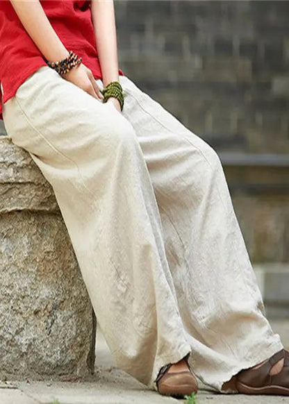 Loose Apricot Pockets Elastic Waist Linen Pants Summer Cg1057