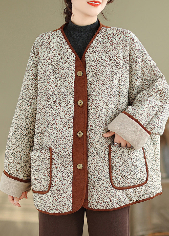 Loose Apricot Print Pockets Patchwork Warm Fleece Coat Winter Qg043