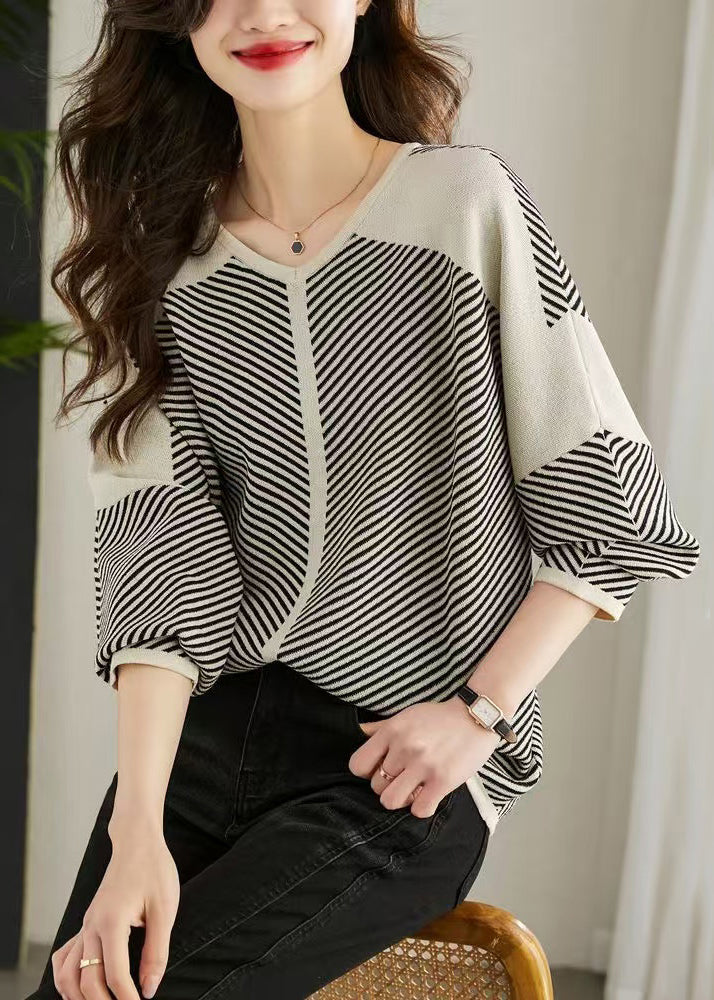 V Patchwork Apricot Loose Neck Striped Sweaters Spring Knit
