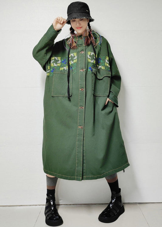 Loose Army Green Hooded Pockets Denim Long Trench Coat Fall Mn038