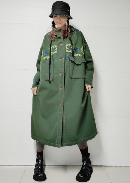 Loose Army Green Hooded Pockets Denim Long Trench Coat Fall Mn038