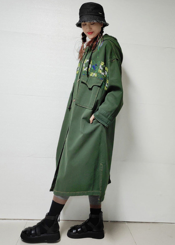 Loose Army Green Hooded Pockets Denim Long Trench Coat Fall Mn038