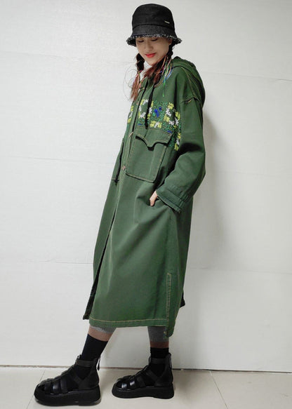 Loose Army Green Hooded Pockets Denim Long Trench Coat Fall Mn038