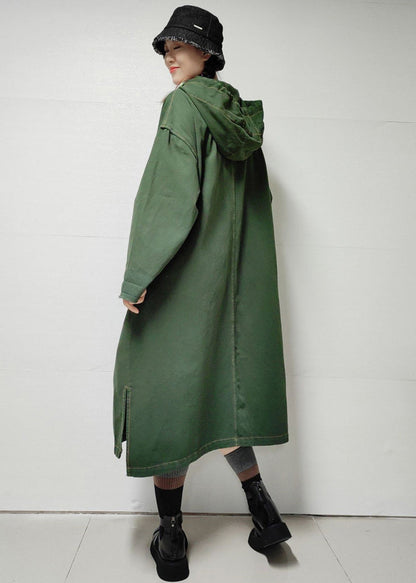Loose Army Green Hooded Pockets Denim Long Trench Coat Fall Mn038