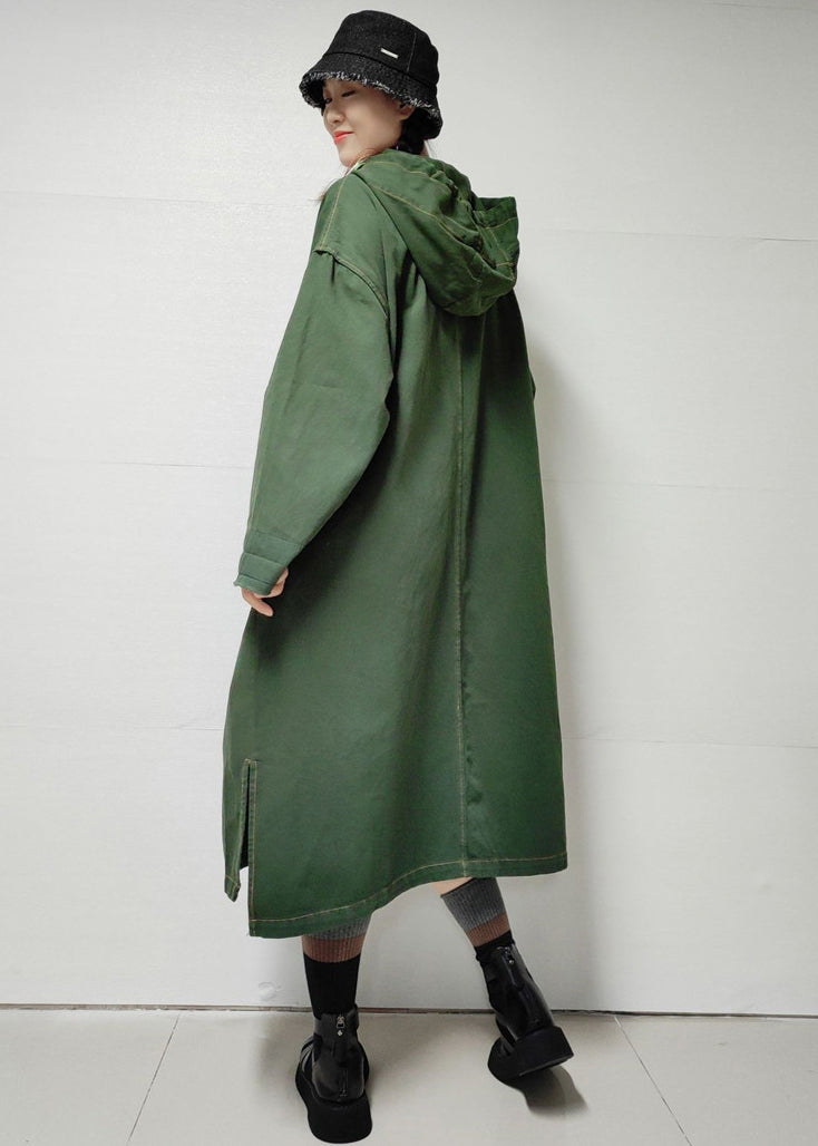 Loose Army Green Hooded Pockets Denim Long Trench Coat Fall Mn038