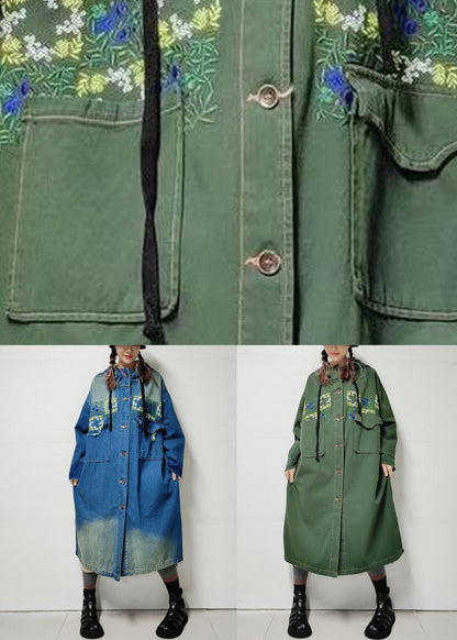 Blue Button Pockets Denim Trench Coat Embroidered Long Sleeve Mn060