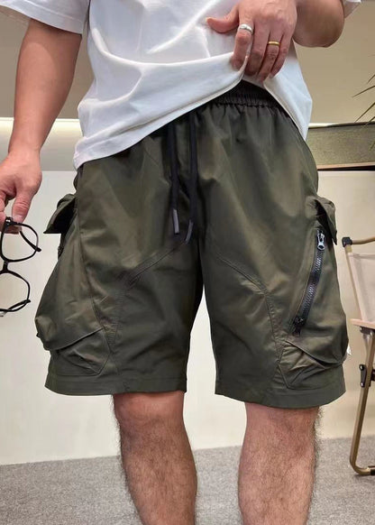 Green Zip Shorts Cotton Loose Up Elastic Pockets Army Waist