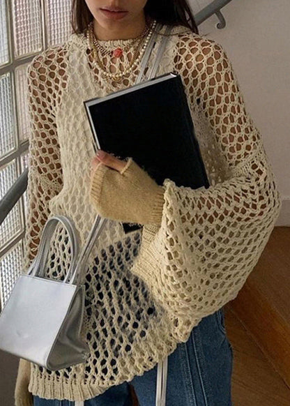 Out Knit Beige Sweater Hollow Loose Summer