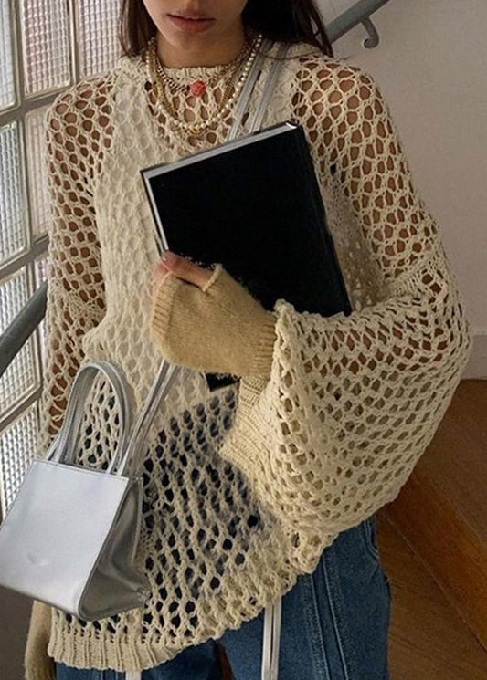 Out Knit Beige Sweater Hollow Loose Summer