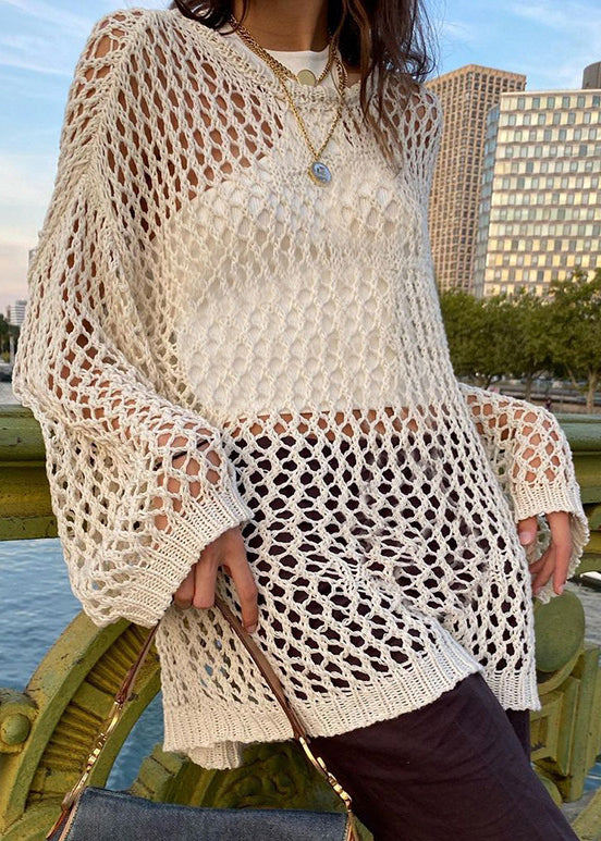 Out Knit Beige Sweater Hollow Loose Summer