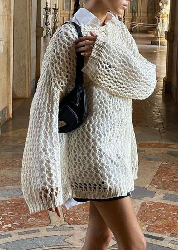 Out Knit Beige Sweater Hollow Loose Summer