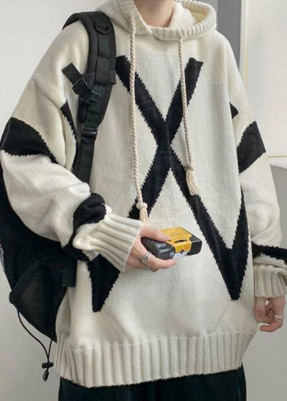Loose Beige Hooded Cozy Knit Sweaters Winter Rp065