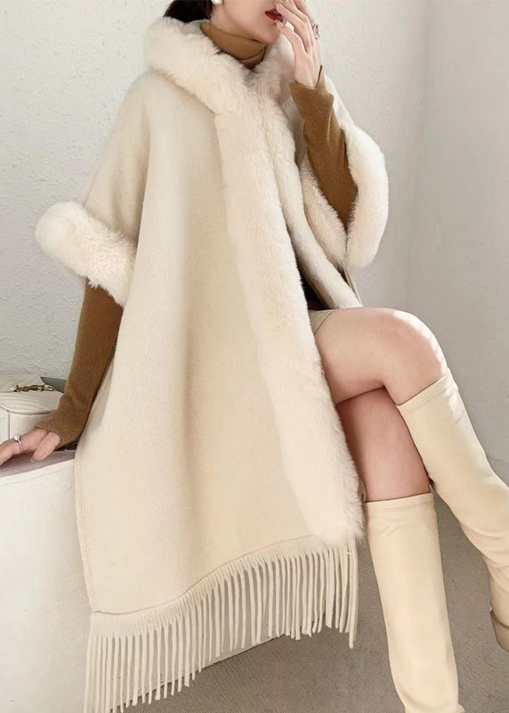 Loose Beige Hooded Tasseled Warm Fleece Cape Coats Winter Rc019