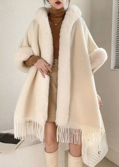 Loose Beige Hooded Tasseled Warm Fleece Cape Coats Winter Rc019