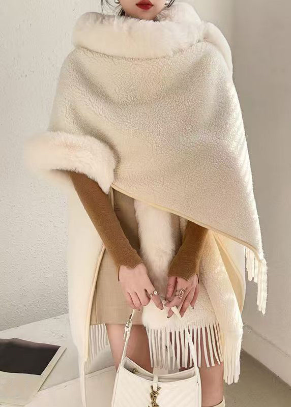 Loose Beige Hooded Tasseled Warm Fleece Cape Coats Winter Rc019