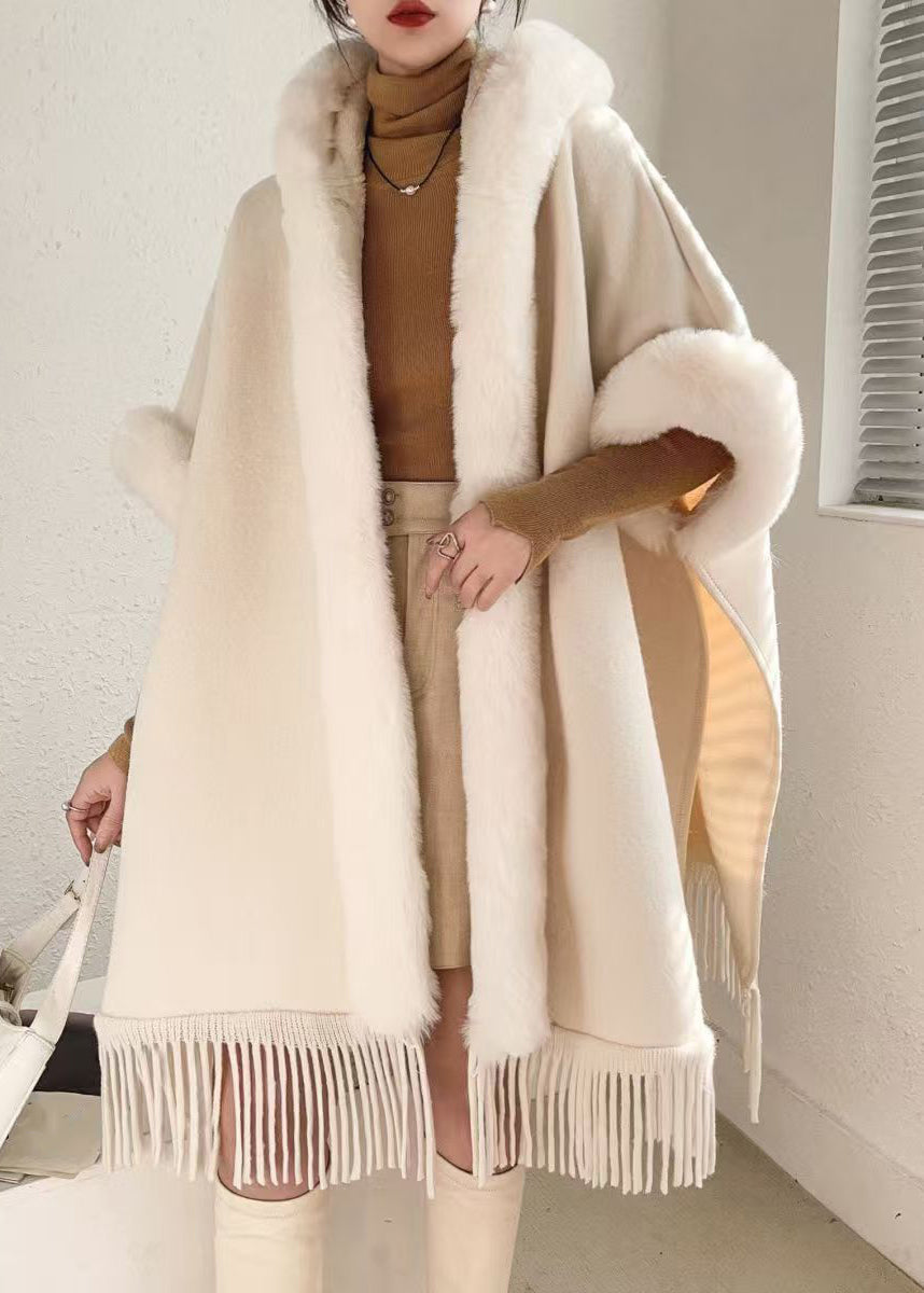 Loose Beige Hooded Tasseled Warm Fleece Cape Coats Winter Rc019