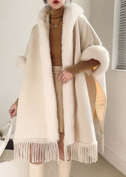 Loose Beige Hooded Tasseled Warm Fleece Cape Coats Winter Rc019