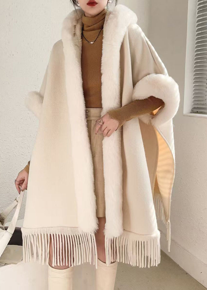 Loose Beige Hooded Tasseled Warm Fleece Cape Coats Winter Rc019
