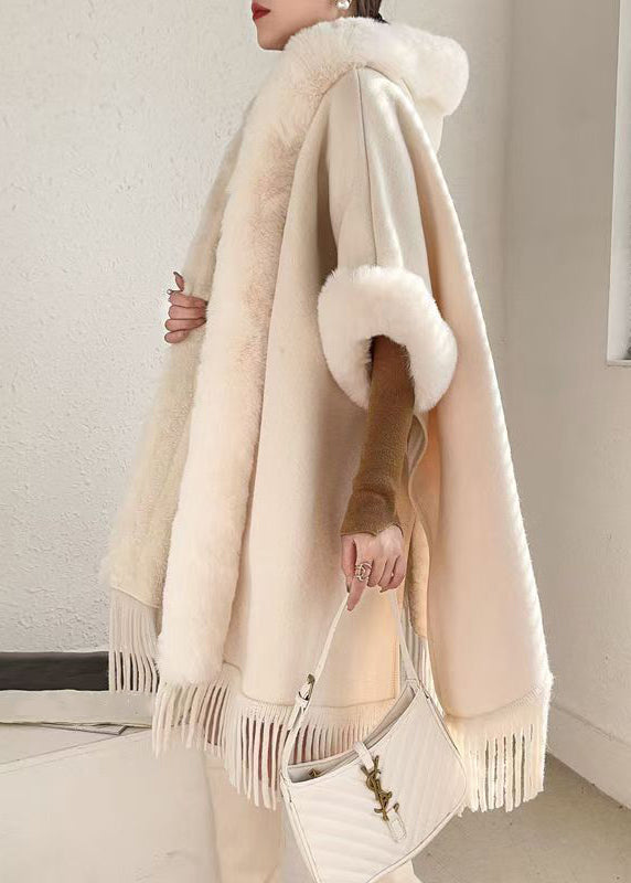 Loose Beige Hooded Tasseled Warm Fleece Cape Coats Winter Rc019