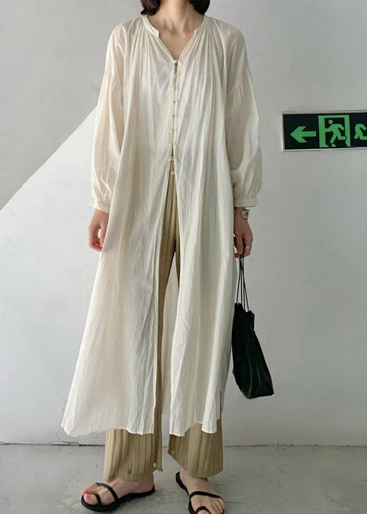 Loose Beige O-neck Button Long Upf 50+ Coat Long Sleeve Vb1049