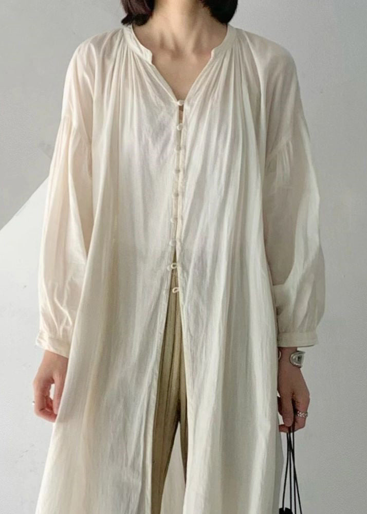 Loose Beige O-neck Button Long Upf 50+ Coat Long Sleeve Vb1049