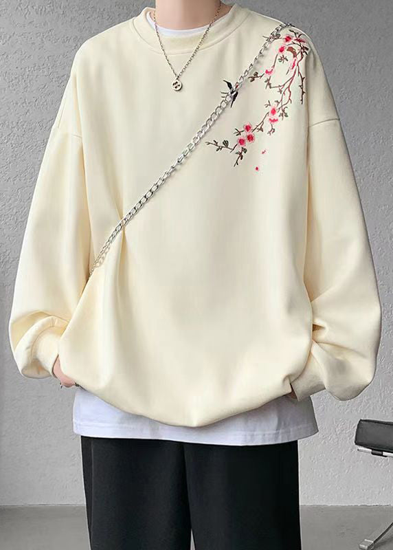 Loose Beige O Neck Embroideried Cotton Pullover Sweatshirts Fall Wj036