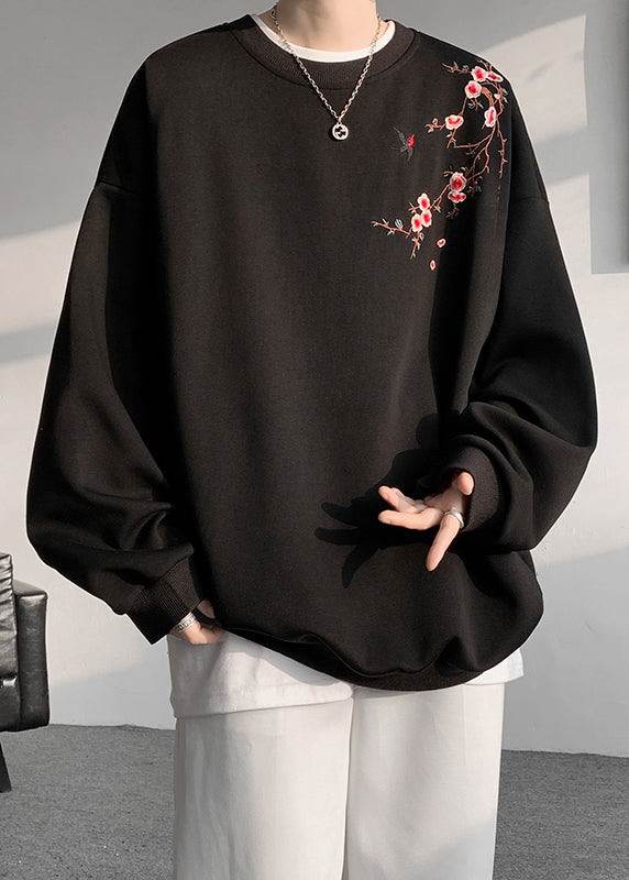 Loose Beige O Neck Embroideried Cotton Pullover Sweatshirts Fall Wj036