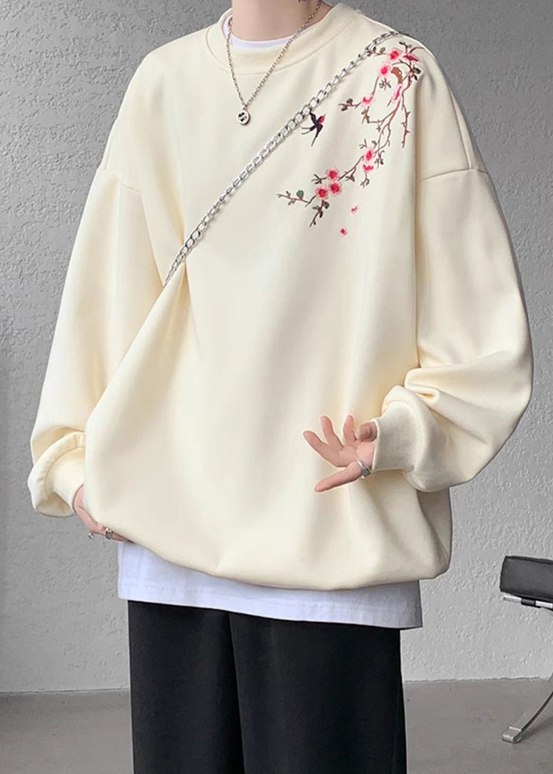 Loose Beige O Neck Embroideried Cotton Pullover Sweatshirts Fall Wj036