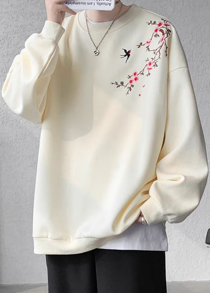 Loose Beige O Neck Embroideried Cotton Pullover Sweatshirts Fall Wj036