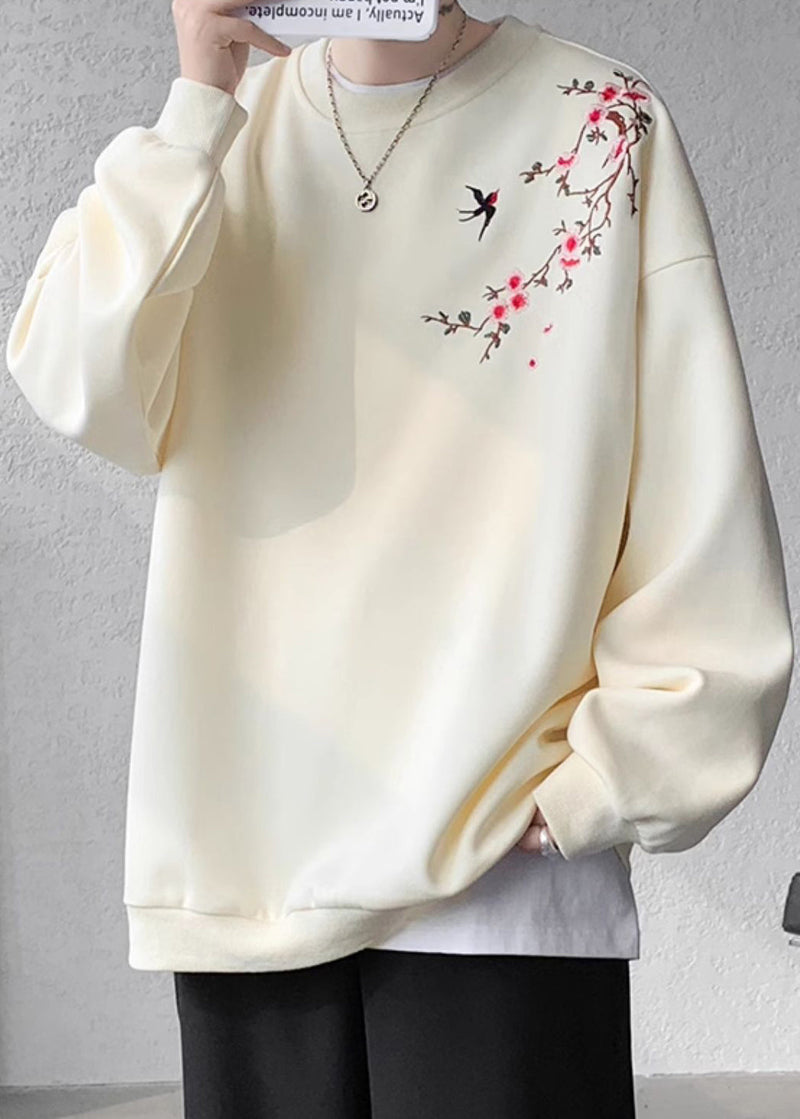 Loose Beige O Neck Embroideried Cotton Pullover Sweatshirts Fall Wj036