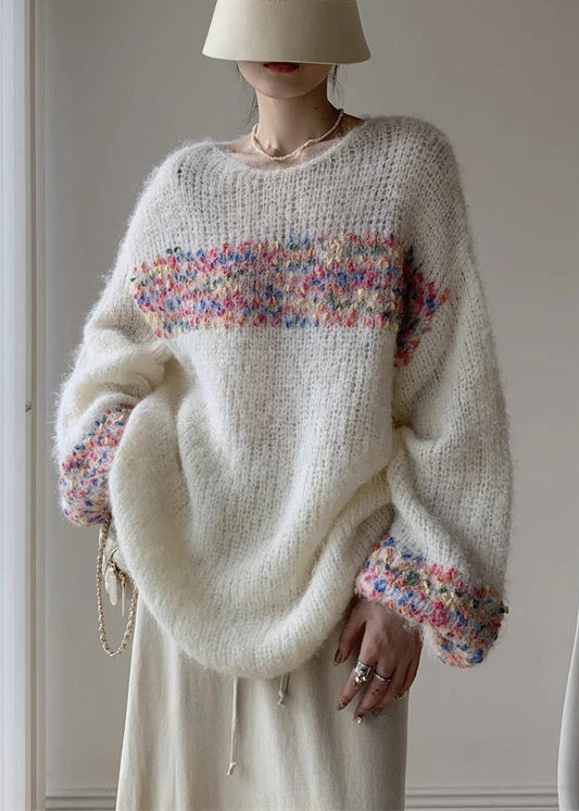 Loose Beige O Neck Hollow Out Knit Sweaters Winter Wk041