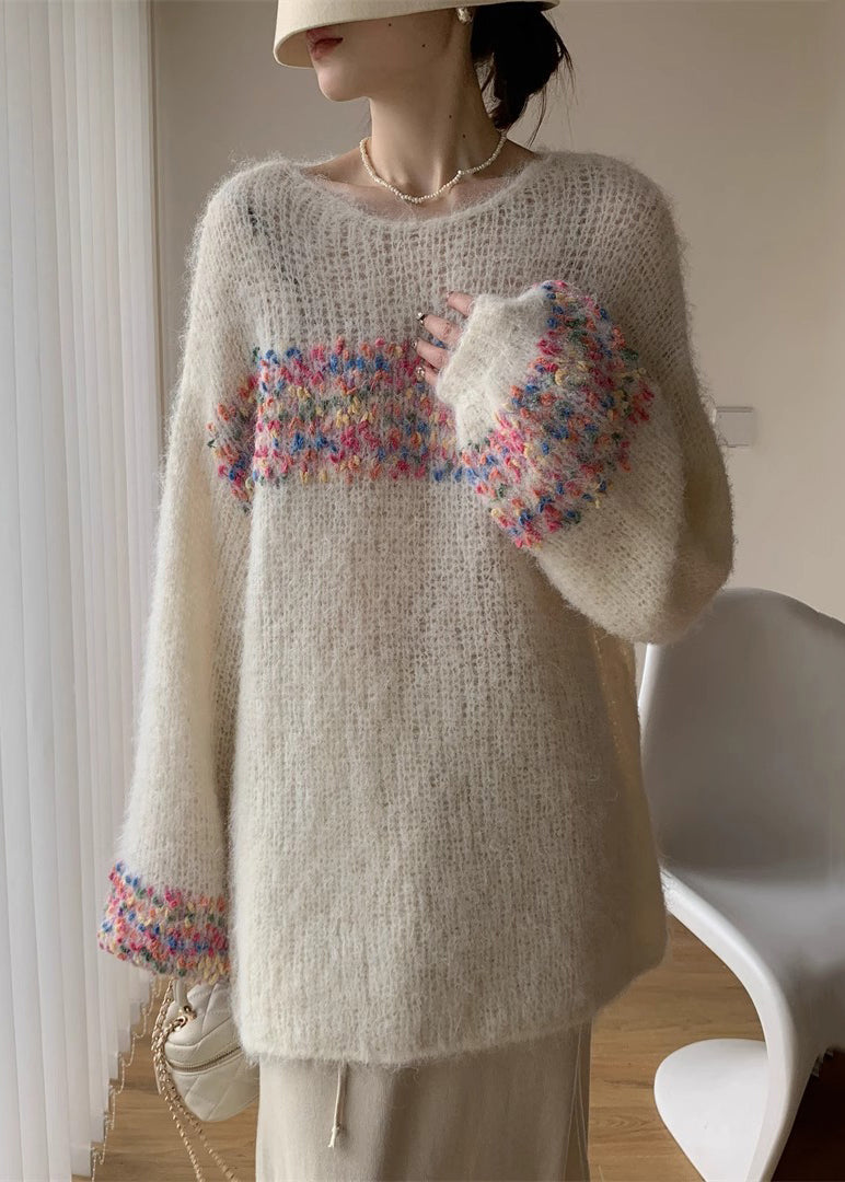 Loose Beige O Neck Hollow Out Knit Sweaters Winter Wk041