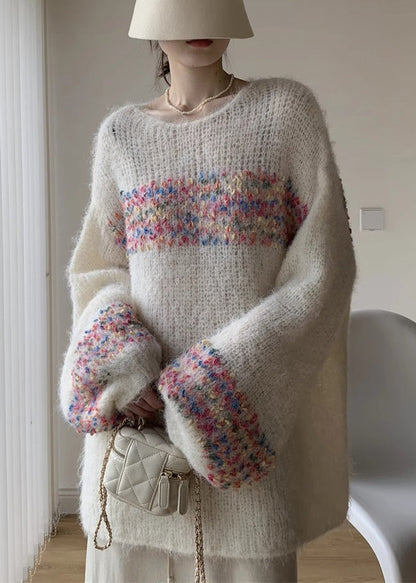 Loose Beige O Neck Hollow Out Knit Sweaters Winter Wk041