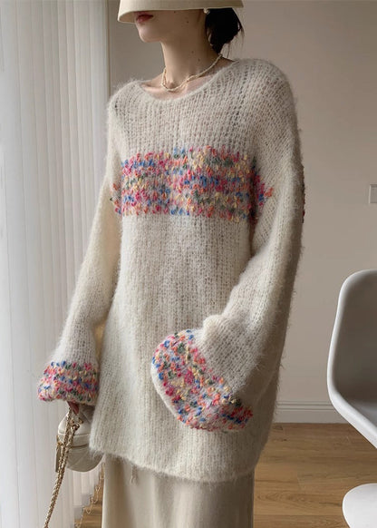 Loose Beige O Neck Hollow Out Knit Sweaters Winter Wk041