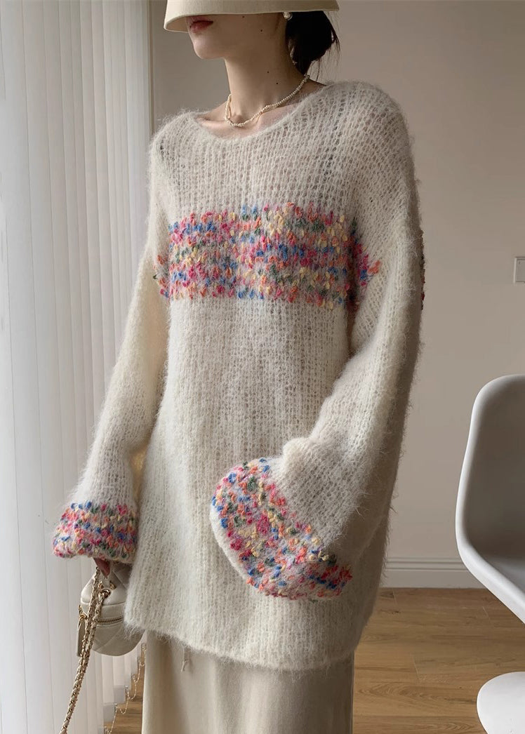 Loose Beige O Neck Hollow Out Knit Sweaters Winter Wk041