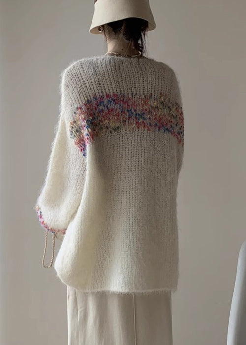 Loose Beige O Neck Hollow Out Knit Sweaters Winter Wk041