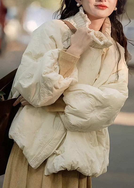 Loose Beige Ruffled Pockets Fine Cotton Filled Coat Lantern Sleeve Yz023