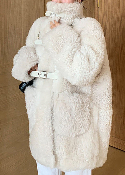 Loose Beige Stand Collar Pockets Teddy Faux Fur Coat Spring Yw037