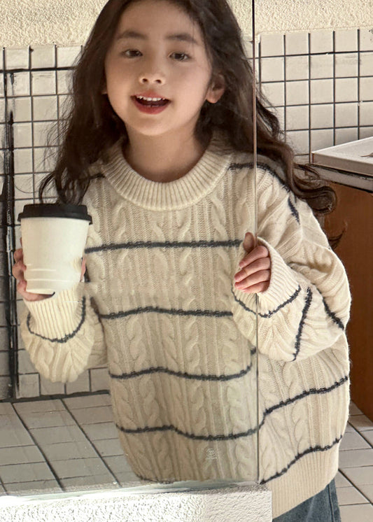 Loose Beige Striped Patchwork Cotton Knit Kids Sweater Spring Tp043