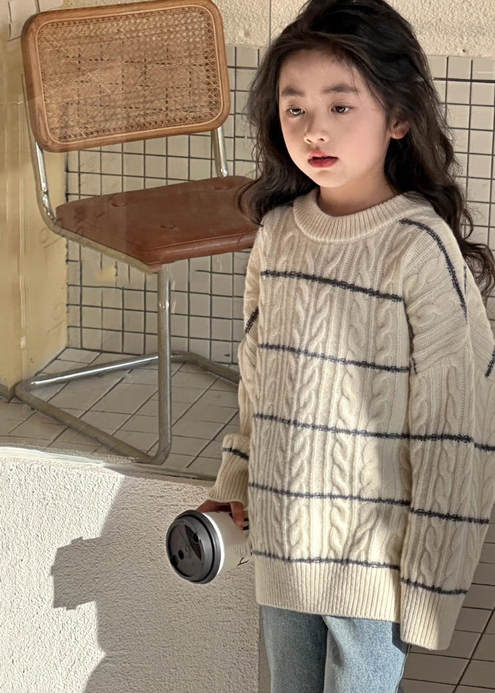 Loose Beige Striped Patchwork Cotton Knit Kids Sweater Spring Tp043
