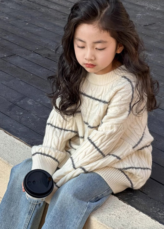 Loose Beige Striped Patchwork Cotton Knit Kids Sweater Spring Tp043