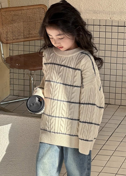 Loose Beige Striped Patchwork Cotton Knit Kids Sweater Spring Tp043