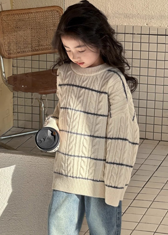 Loose Beige Striped Patchwork Cotton Knit Kids Sweater Spring Tp043