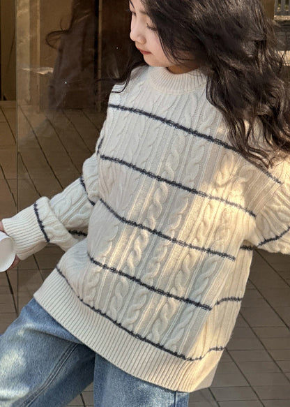 Loose Beige Striped Patchwork Cotton Knit Kids Sweater Spring Tp043