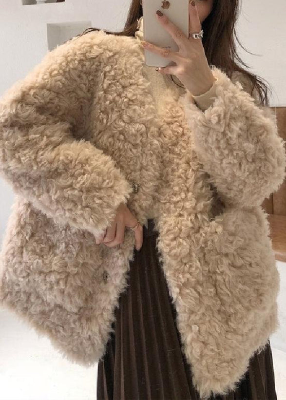 Loose Beige V Neck Pockets Teddy Faux Fur Coat Spring Yw042