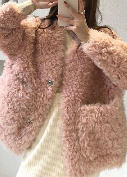 Loose Beige V Neck Pockets Teddy Faux Fur Coat Spring Yw042