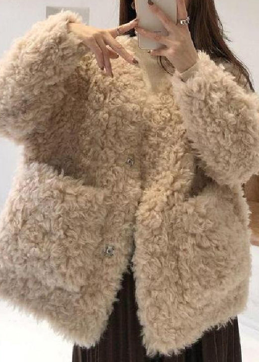 Loose Beige V Neck Pockets Teddy Faux Fur Coat Spring Yw042