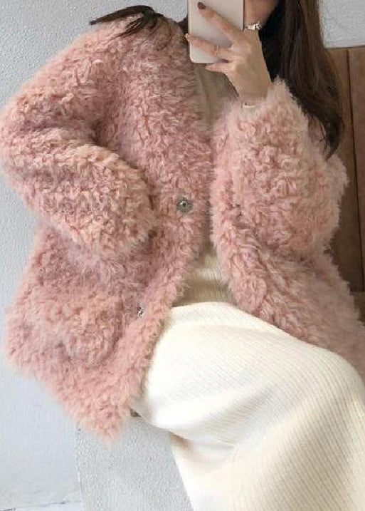 Loose Beige V Neck Pockets Teddy Faux Fur Coat Spring Yw042