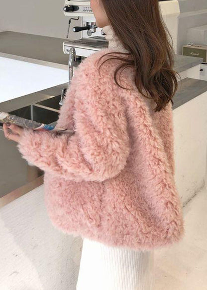Loose Beige V Neck Pockets Teddy Faux Fur Coat Spring Yw042